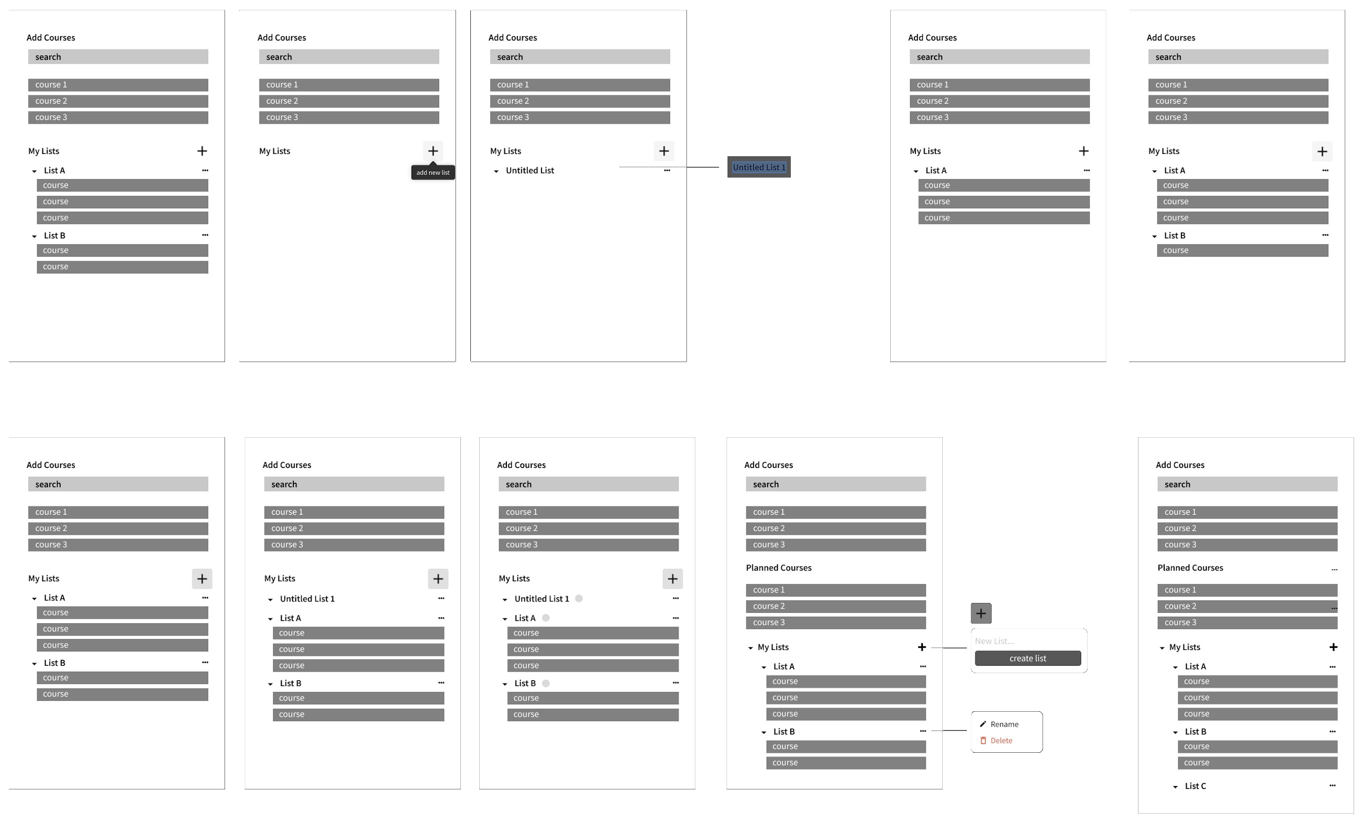 Flow 1 - Creating saved lists and adding courses