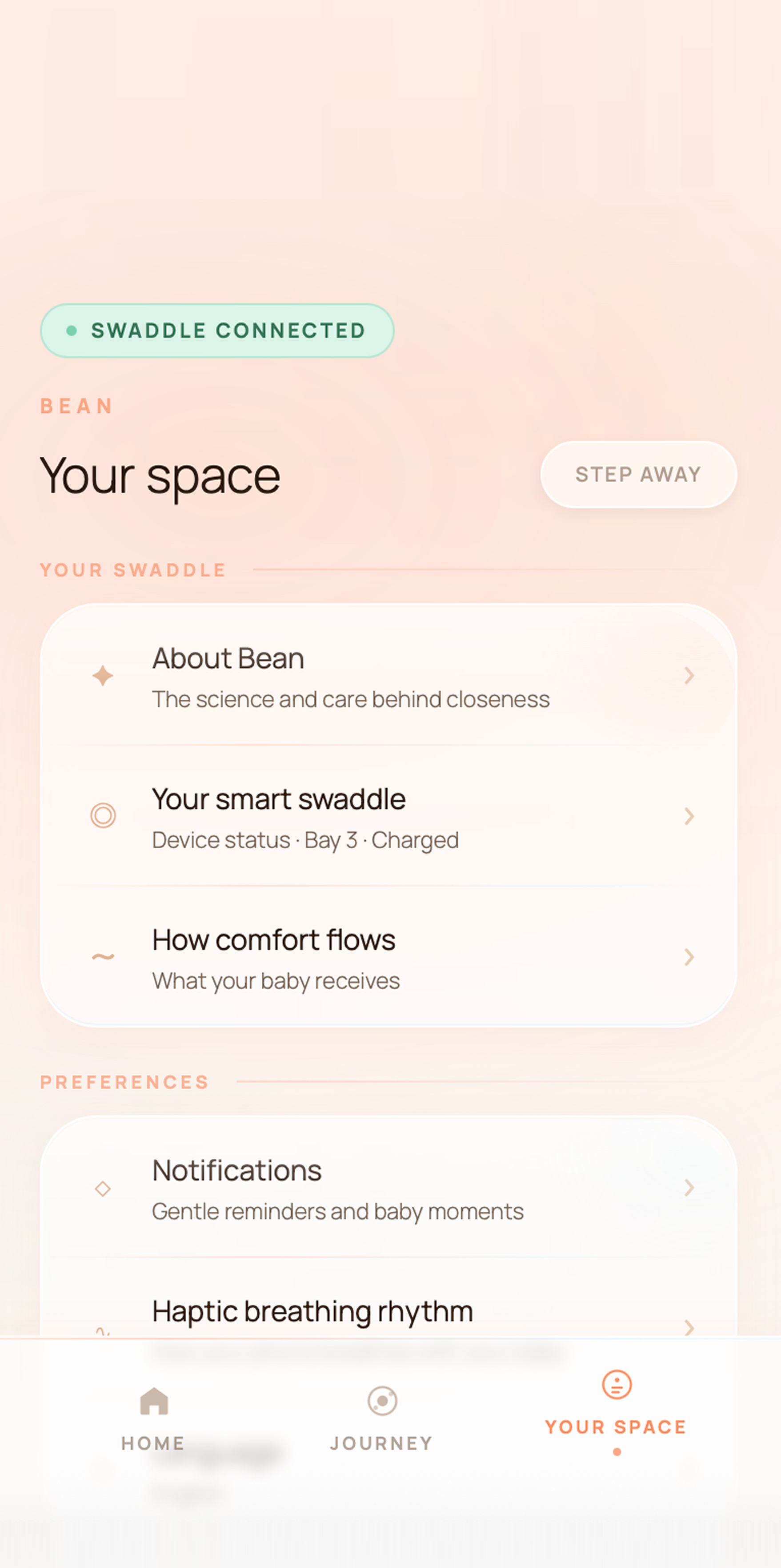 Your Space settings, swaddle and preferences