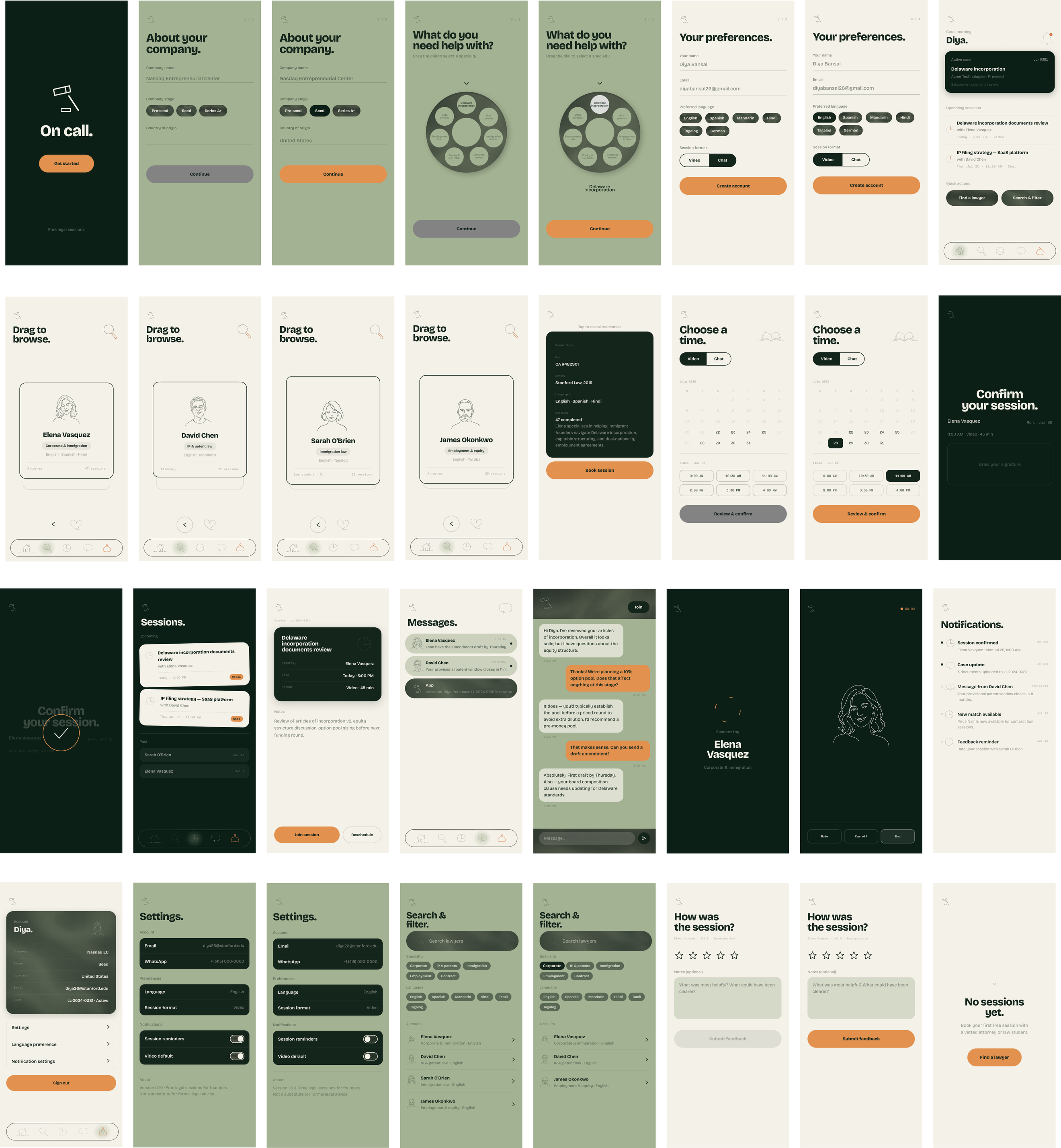 Full flow overview, every screen in the On Call flow