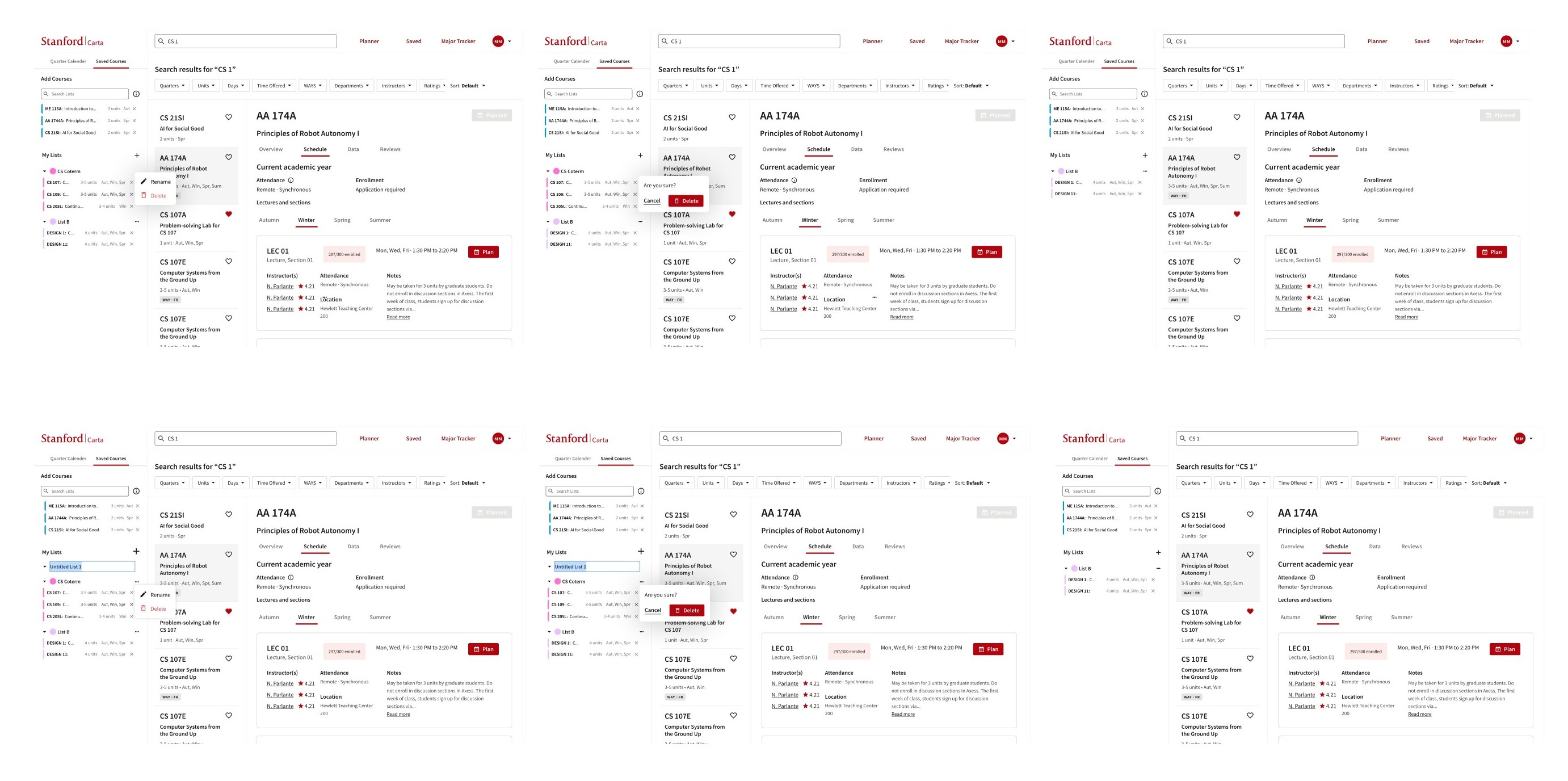 High-fidelity prototype screens