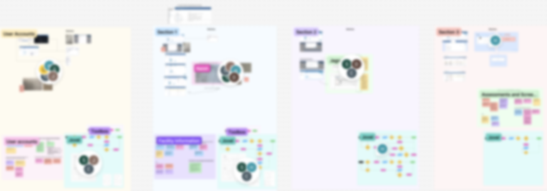 Wireframe sketches and information architecture of flows, blurred for confidentiality
